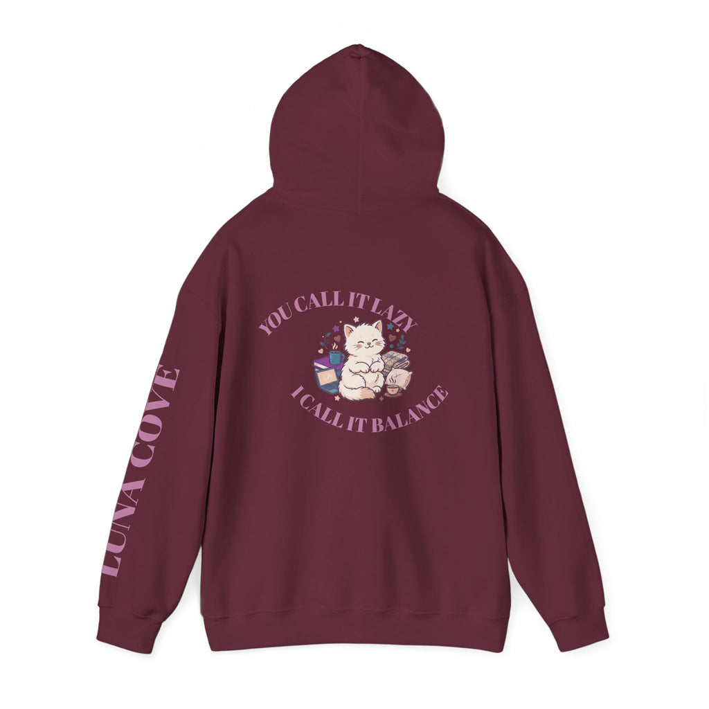 Balance = Peace Hoodie | Cute Cat Balance Illustration, Pastel Pink Sleeve Text