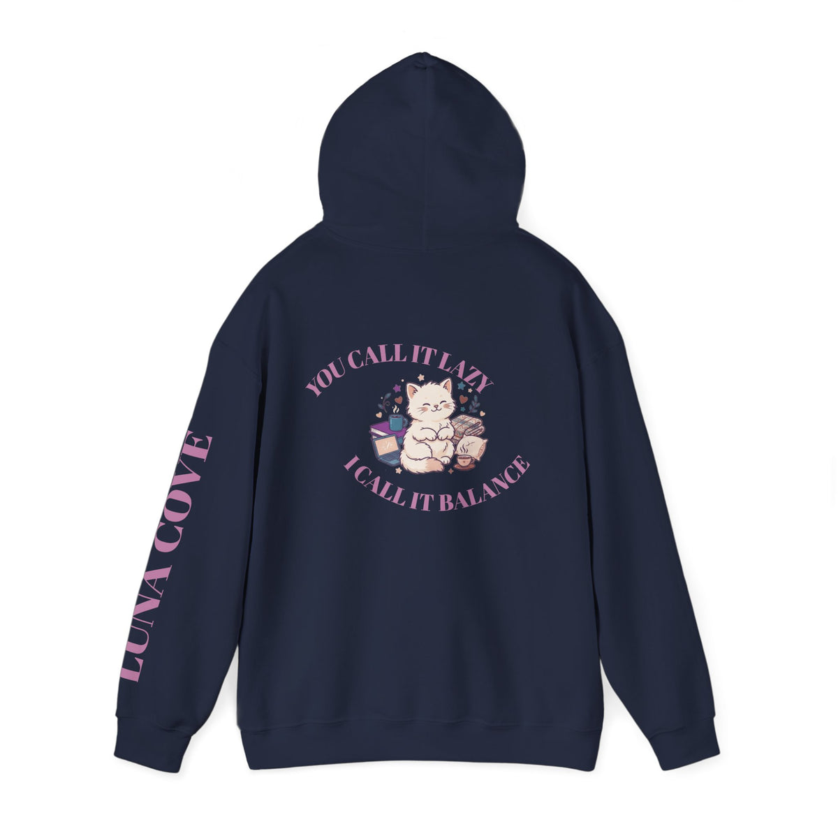 Balance = Peace Hoodie | Cute Cat Balance Illustration, Pastel Pink Sleeve Text