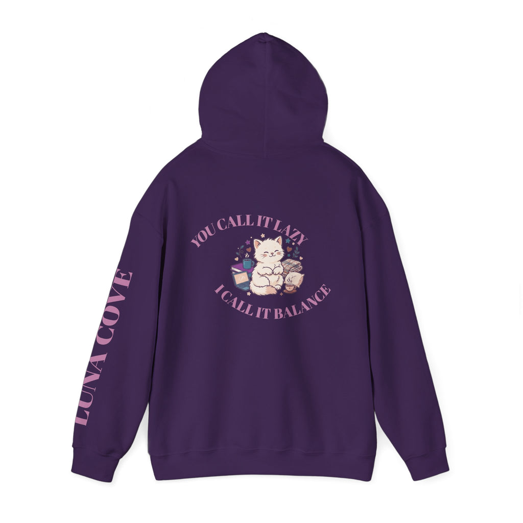 Balance = Peace Hoodie | Cute Cat Balance Illustration, Pastel Pink Sleeve Text