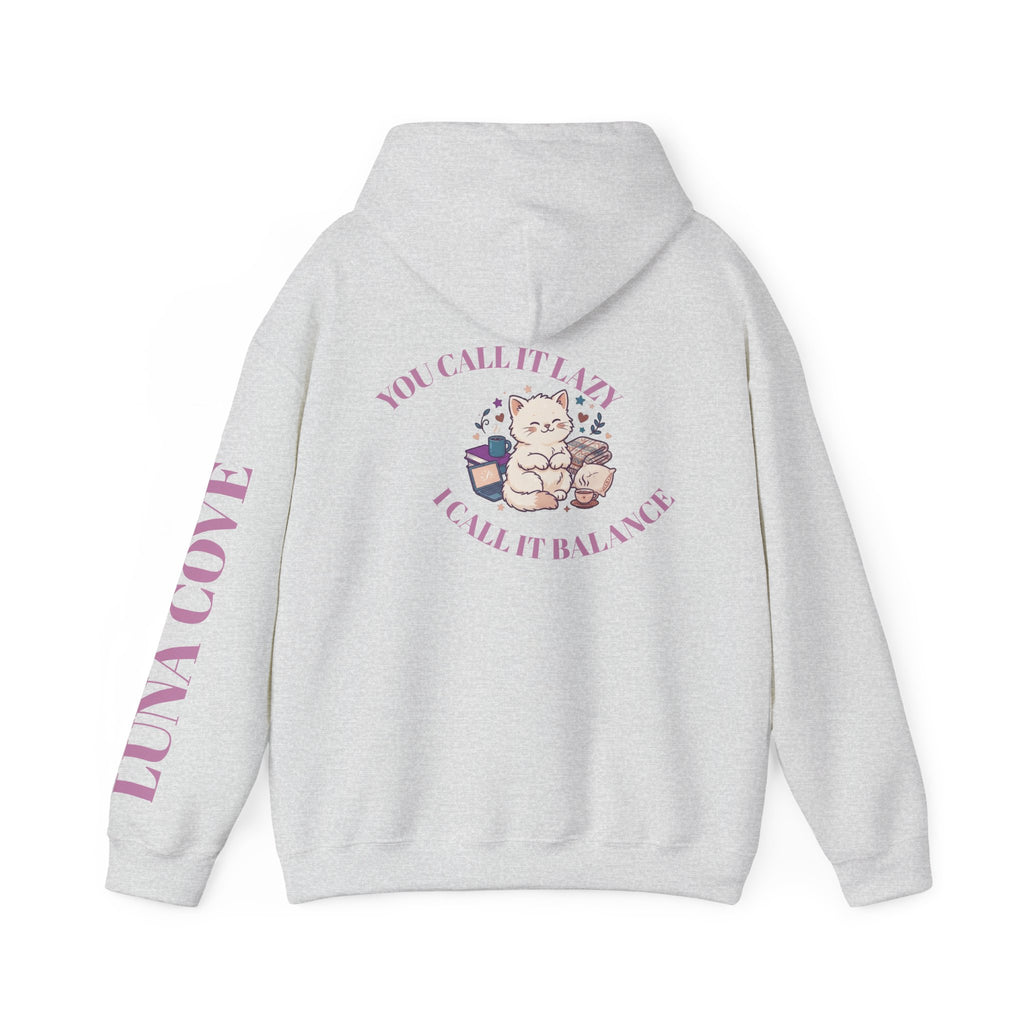 Balance = Peace Hoodie | Cute Cat Balance Illustration, Pastel Pink Sleeve Text