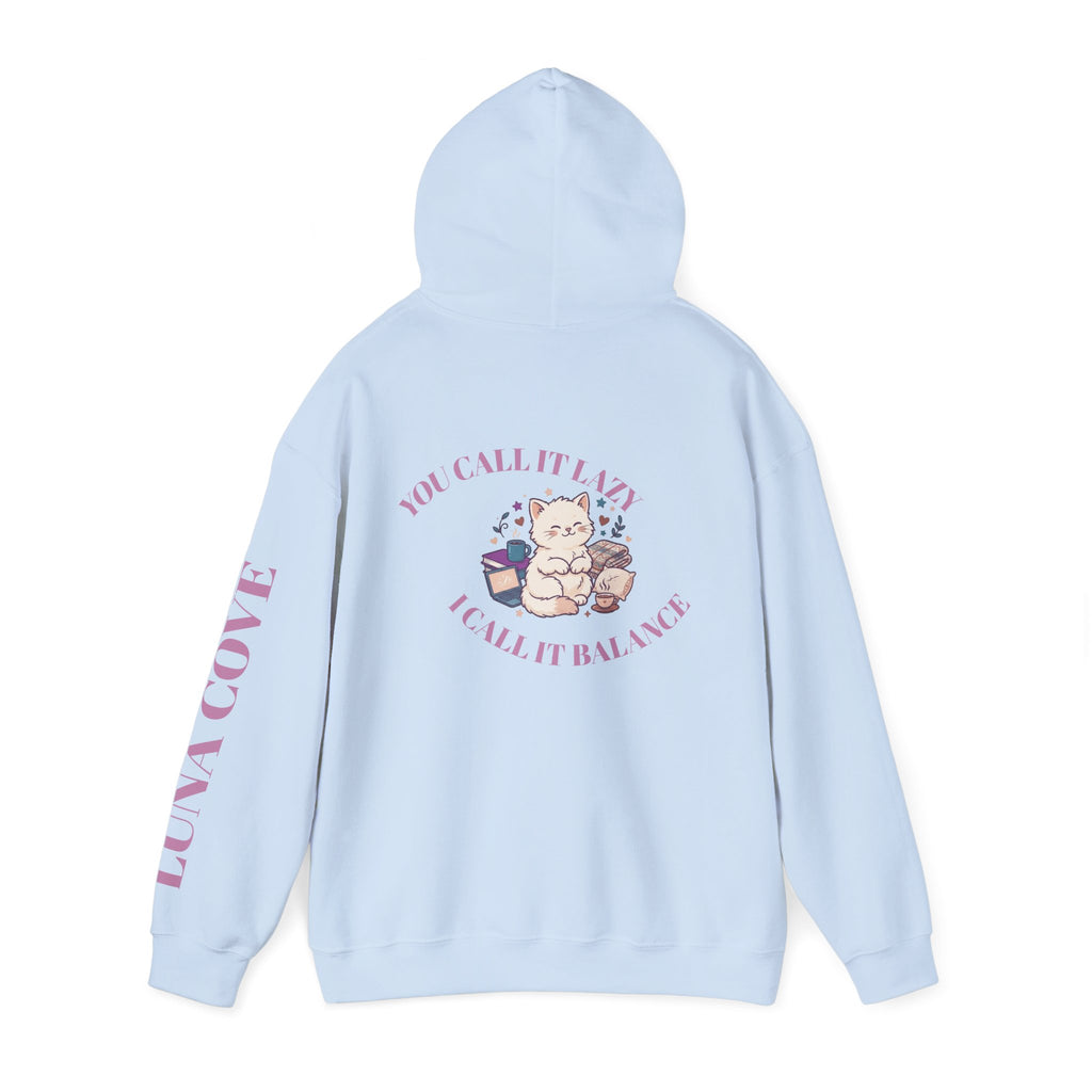 Balance = Peace Hoodie | Cute Cat Balance Illustration, Pastel Pink Sleeve Text